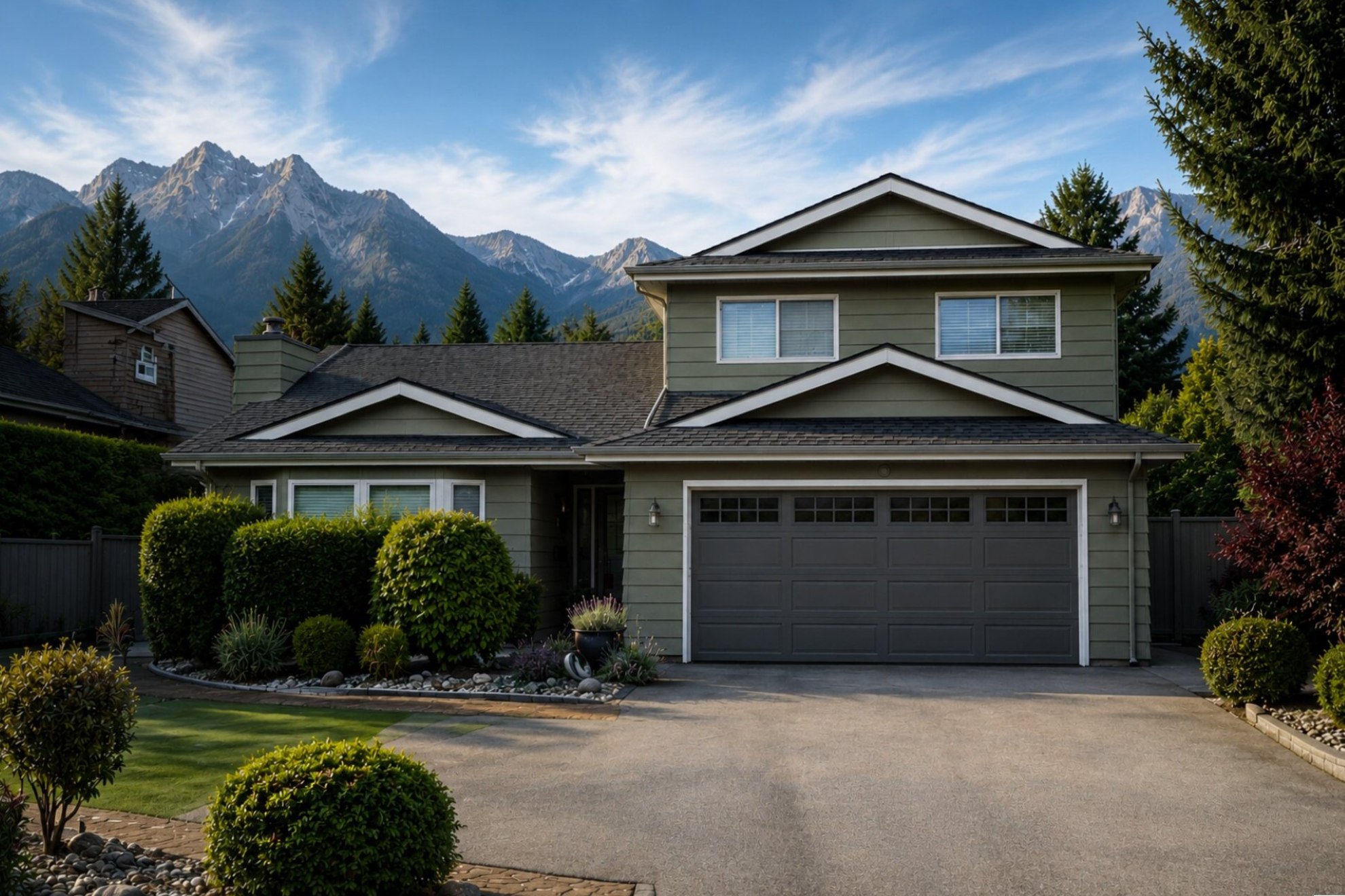 Two-storey Vancouver home with a two-car garage, mountains behind