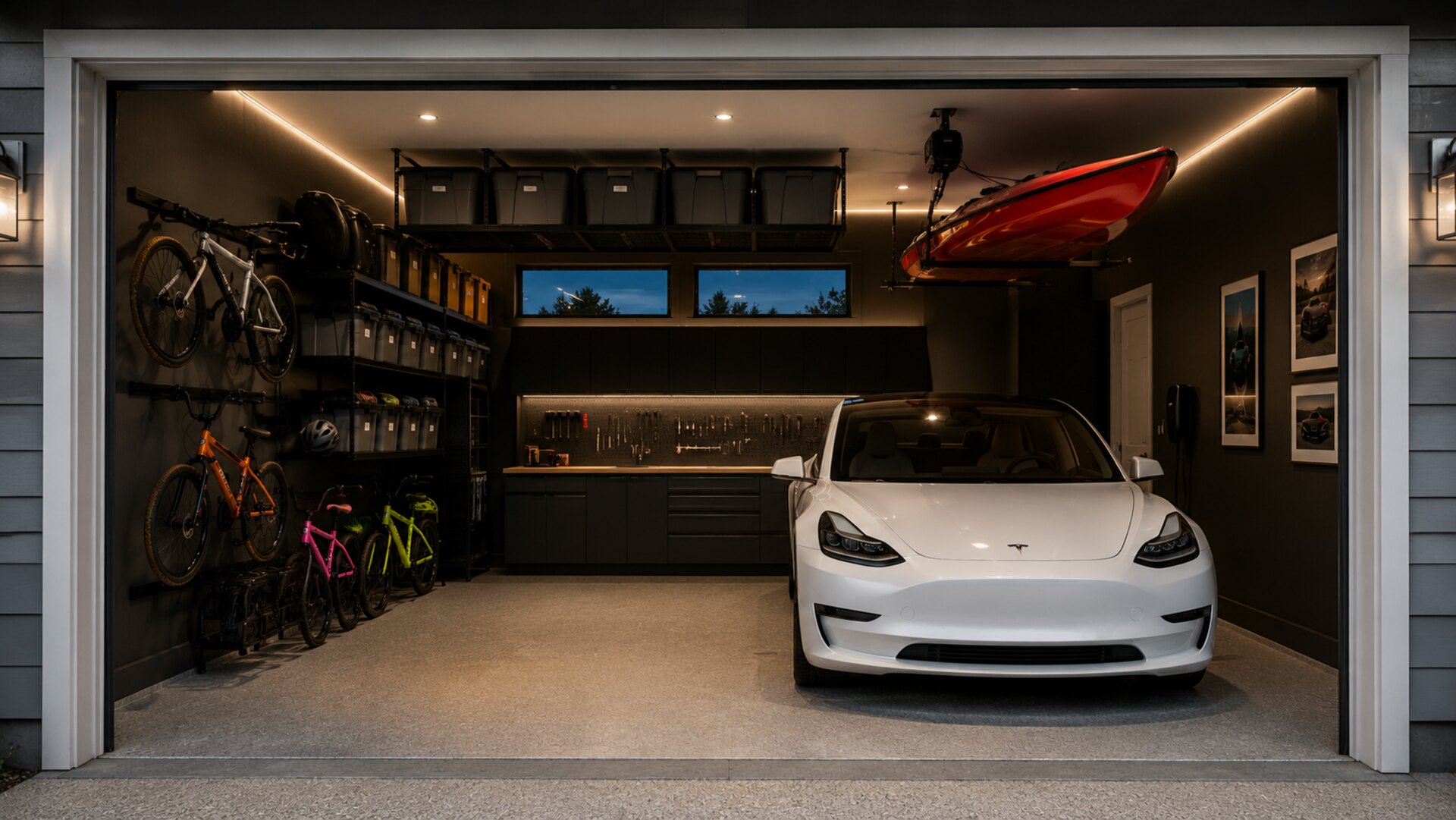 Organized garage interior with a white Tesla Model 3, bikes and kayak lift